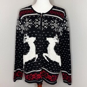 J. JILL Reindeer Christmas Full Zip Cardigan Sweater‎ LG Wool Blend Fair Isle